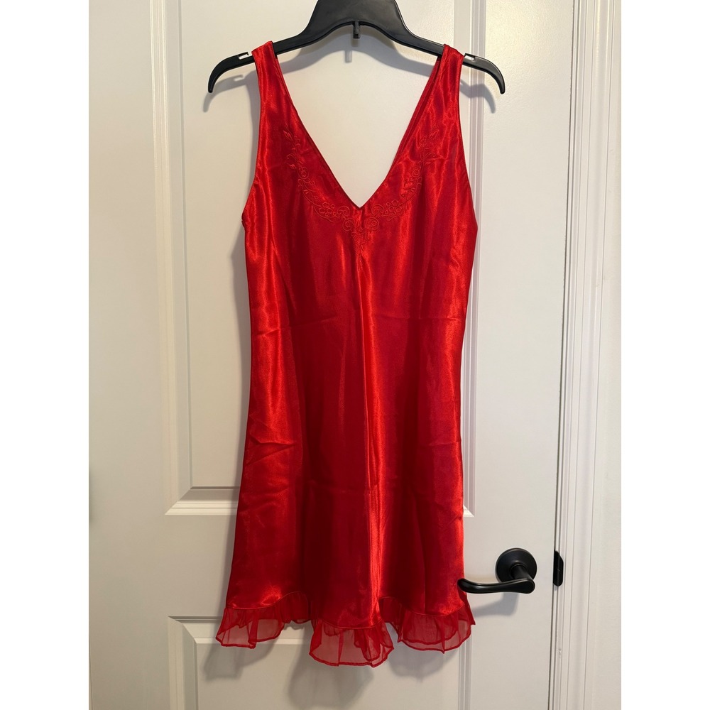 Inner Most Nightgown Women Small Red Slip Dress Satin Embroidered Ruffle Chemise